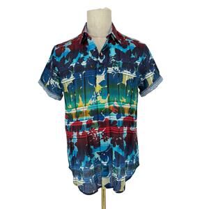Robert Graham Button Front Short Sleeve Shirt Large Geometric Rainbow Print M